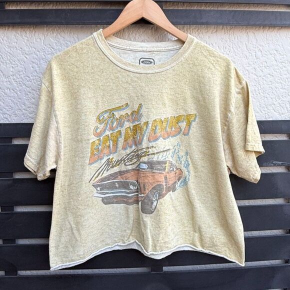 Ford Mustang “Eat My Dust” Graphic Cropped T-Shirt in Tan/Yellow | Medium - Picture 1 of 6